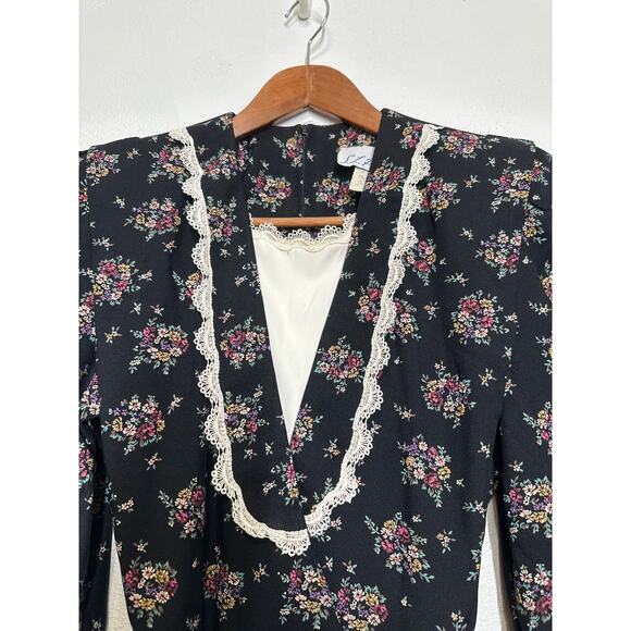 VTG SL Petites 80s Prairie Dress 8 Black Cream Floral Lace Coquette Cottagecore - Picture 5 of 16